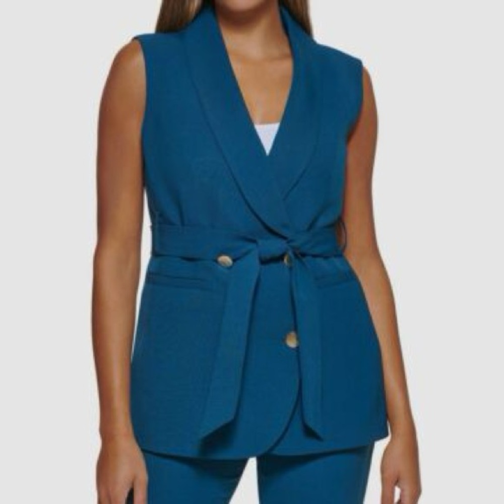 DKNY Women's Blue Shawl-Collar Double-breasted Belted Tie Vest Size 6